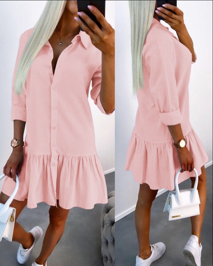 Casual Shirt Dress Women Long Sleeve Button Lapel Collar Ruffles Mini Dress 2023 Spring Autumn Solid Color Office Ladies Dresses