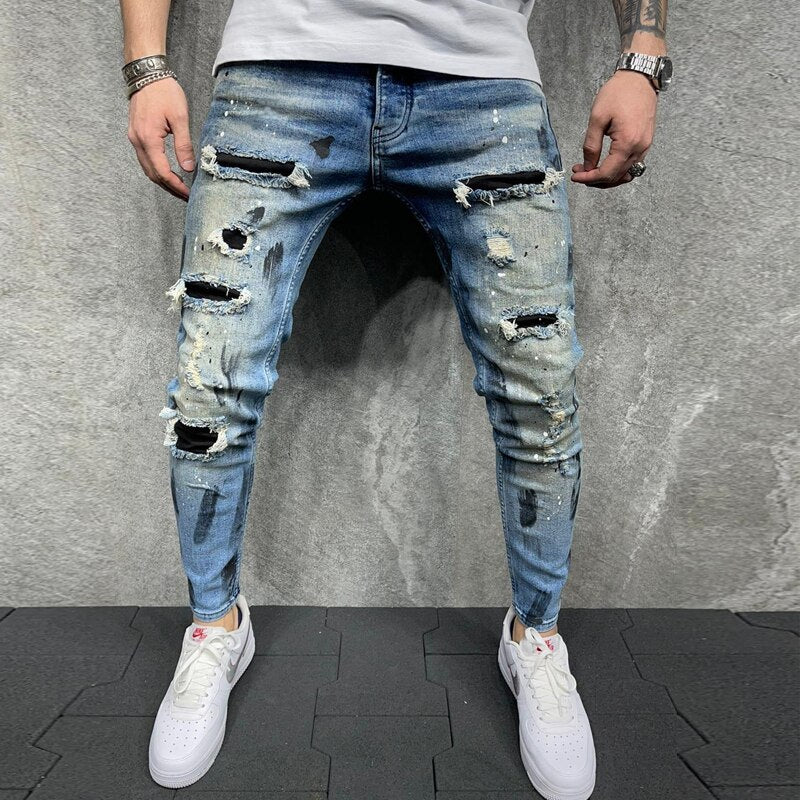 High Quality Men's Stretch Tight-fitting, Worn-out White Slim Jeans, Spring and Autumn New Long Jeans K14-881