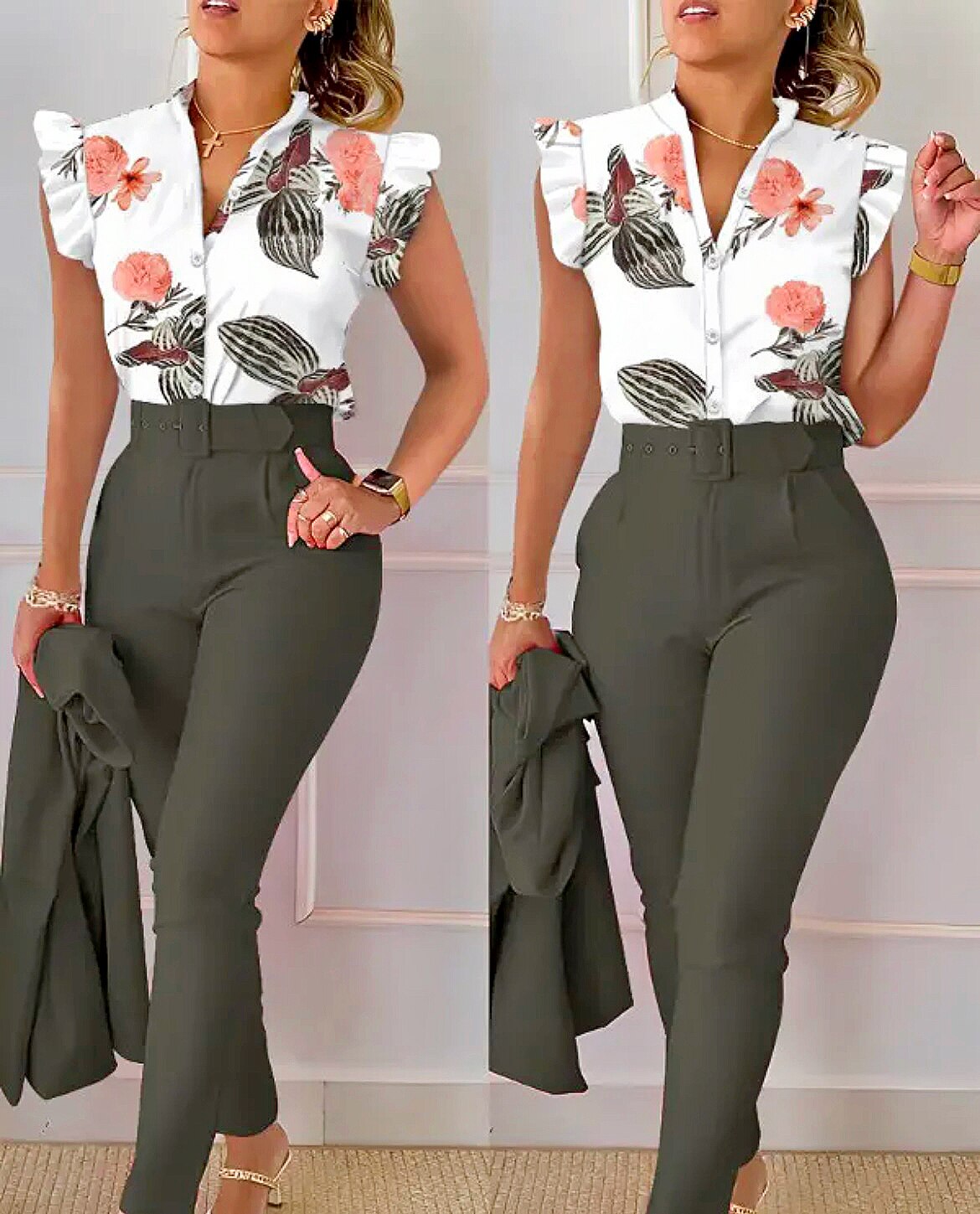 Summer Fashion Print Two Piece Set Women Casual Office Ladies Button Flying Sleeve Shirt Pants Two Piece Set Women