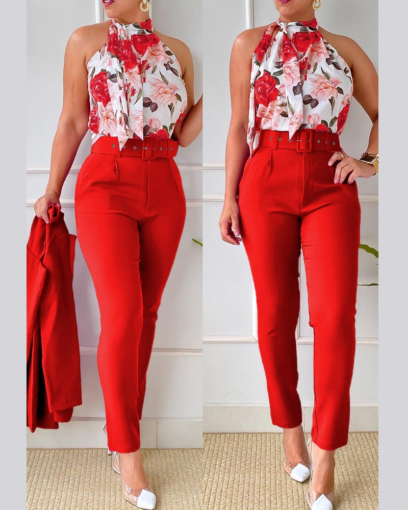 Summer Fashion Print Two Piece Set Women Casual Office Ladies Button Flying Sleeve Shirt Pants Two Piece Set Women