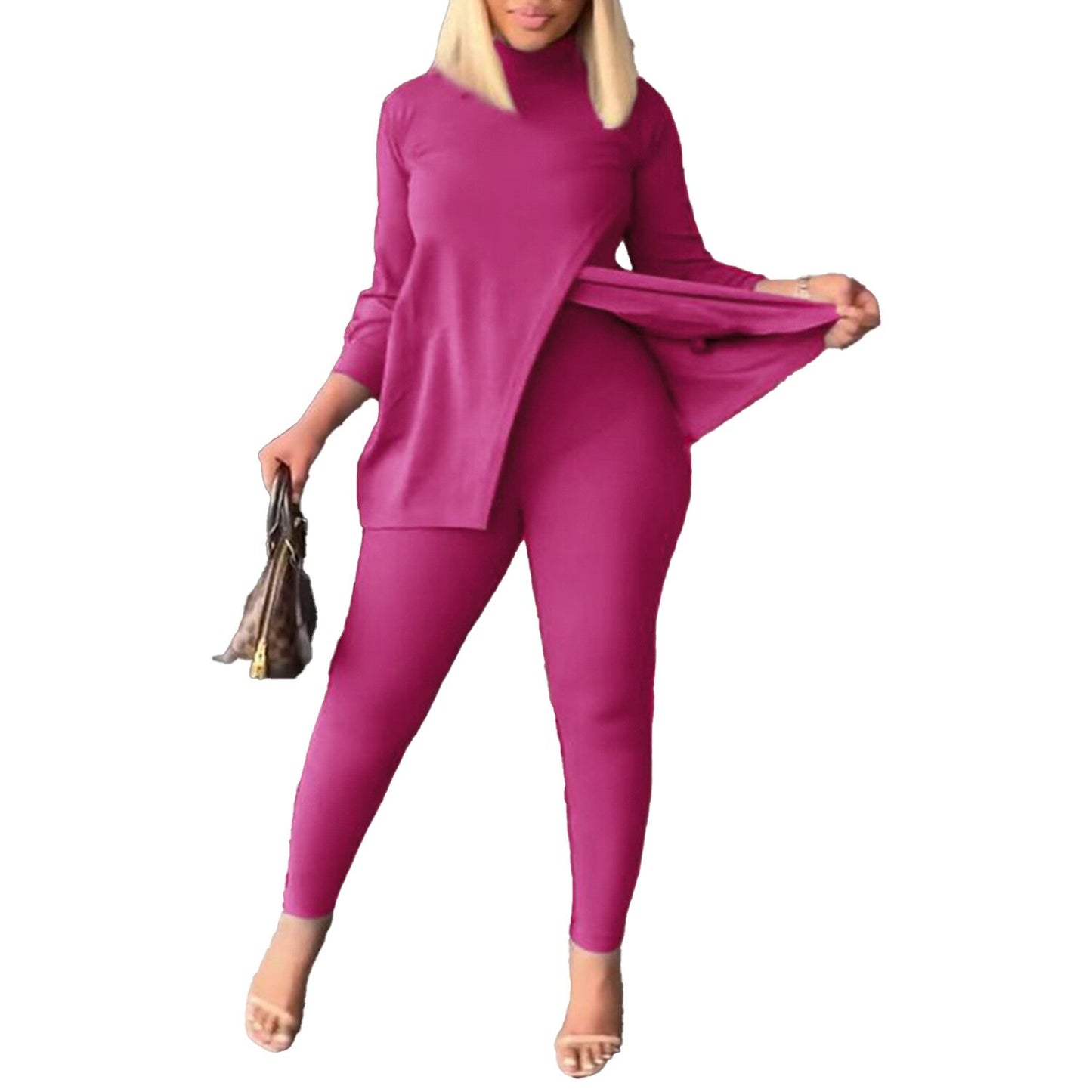 Two-piece Set Women's Solid Color Long Sleeve Casual Split Tshirt Leggings Slim Two-piece Set Women