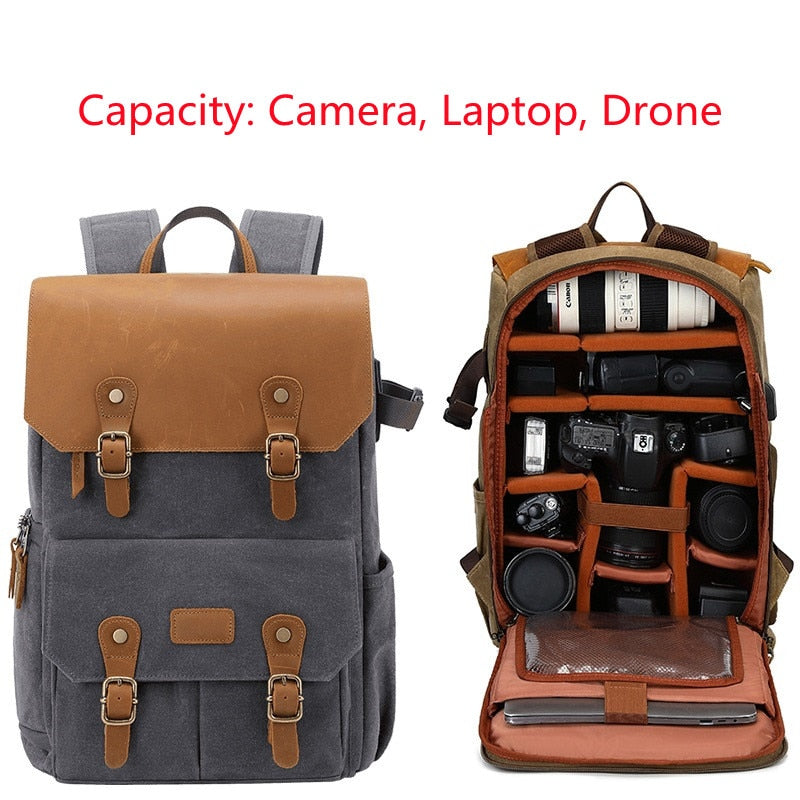 High-End Men's SLR Camera Backpack USB Large Camera Bag Waterproof Waxed Canvas Backpack Professional Camera Drone Backpack Outd