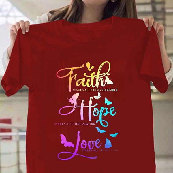 Colorful Faith Love Hope Print Women T Shirt Short Sleeve O Neck Loose Women Tshirt Ladies Tee Shirt Tops Camisetas Mujer