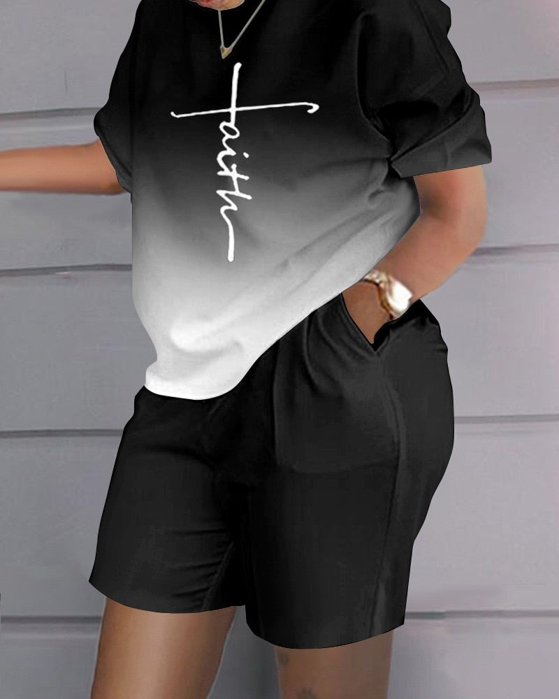 Summer Casual 2 Piece Set Women Letter Printed 2 Piece Outfit O Necke Short Sleeve T Shirt Top Shorts Suit with Pocket Women