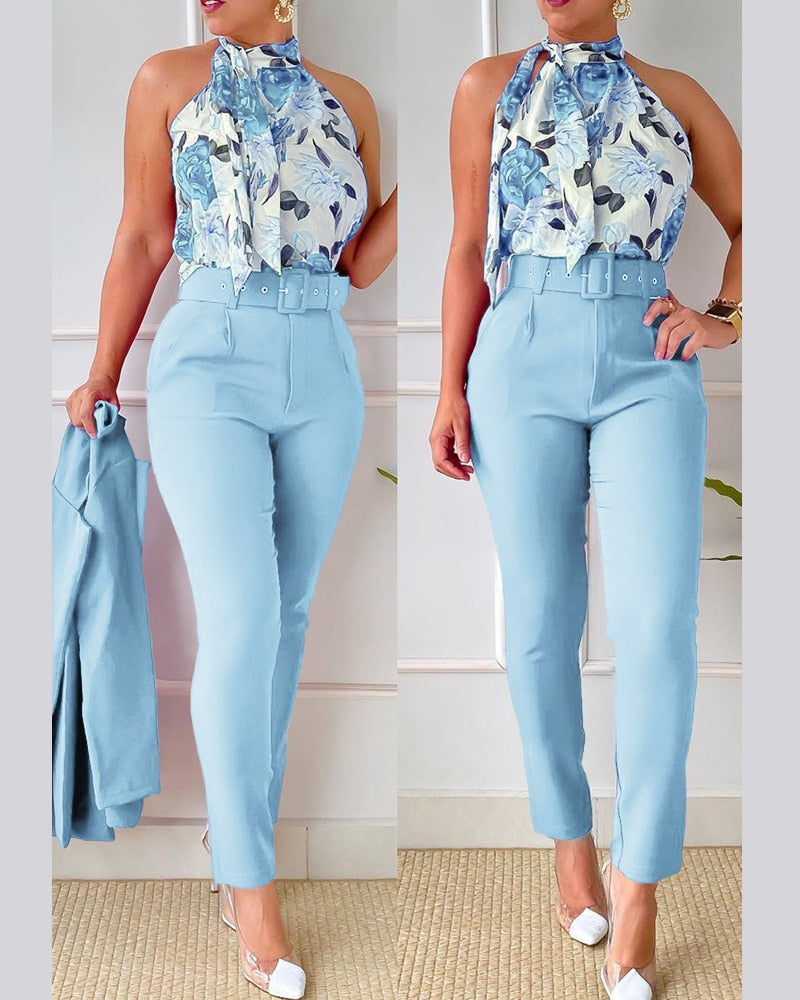 Summer Fashion Print Two Piece Set Women Casual Office Ladies Button Flying Sleeve Shirt Pants Two Piece Set Women