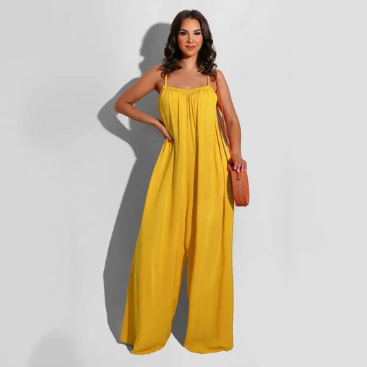 Jumpsuit Backless Sleeveless Spaghetti Strap Wide Leg Pleated Deep Crotch Solid Color Full Length Women Oversized Lady Jumpsuit