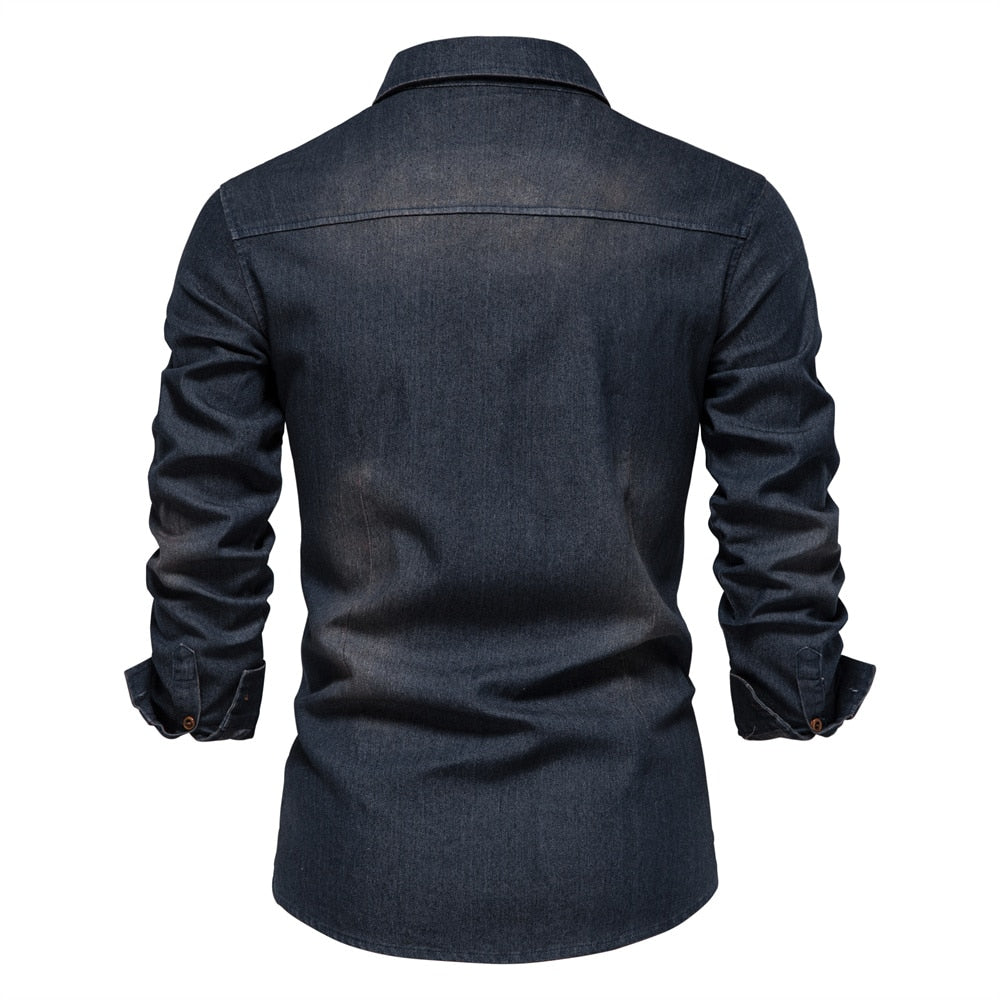 AIOPESON Elastic Cotton Denim Shirt Men Long Sleeve Quality Cowboy Shirts for Men Casual Slim Fit Jeans Men Shirts