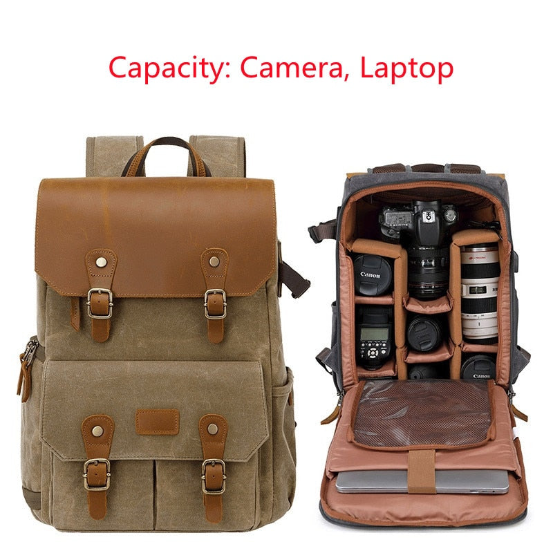 High-End Men's SLR Camera Backpack USB Large Camera Bag Waterproof Waxed Canvas Backpack Professional Camera Drone Backpack Outd