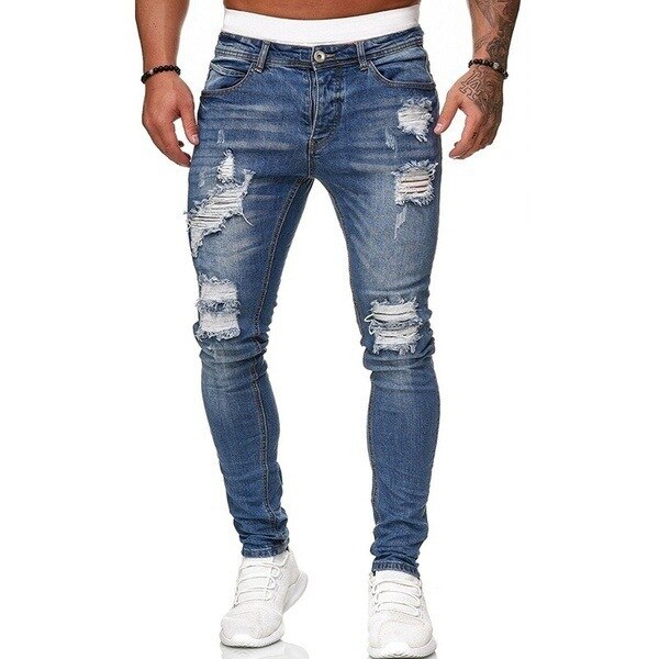 High Quality Men's Stretch Tight-fitting, Worn-out White Slim Jeans, Spring and Autumn New Long Jeans K14-881