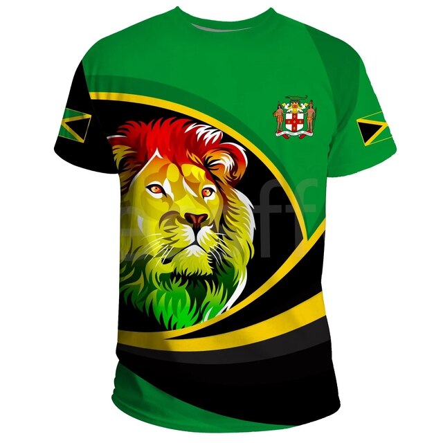 Summer Men's and Women's T-shirts Striped Jamaica Lion Emblem New Fashion 3D Printing T-shirt Short Sleeve Street Clothing Style