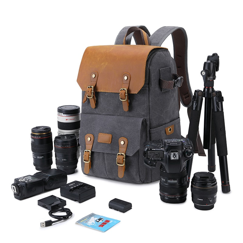 High-End Men's SLR Camera Backpack USB Large Camera Bag Waterproof Waxed Canvas Backpack Professional Camera Drone Backpack Outd