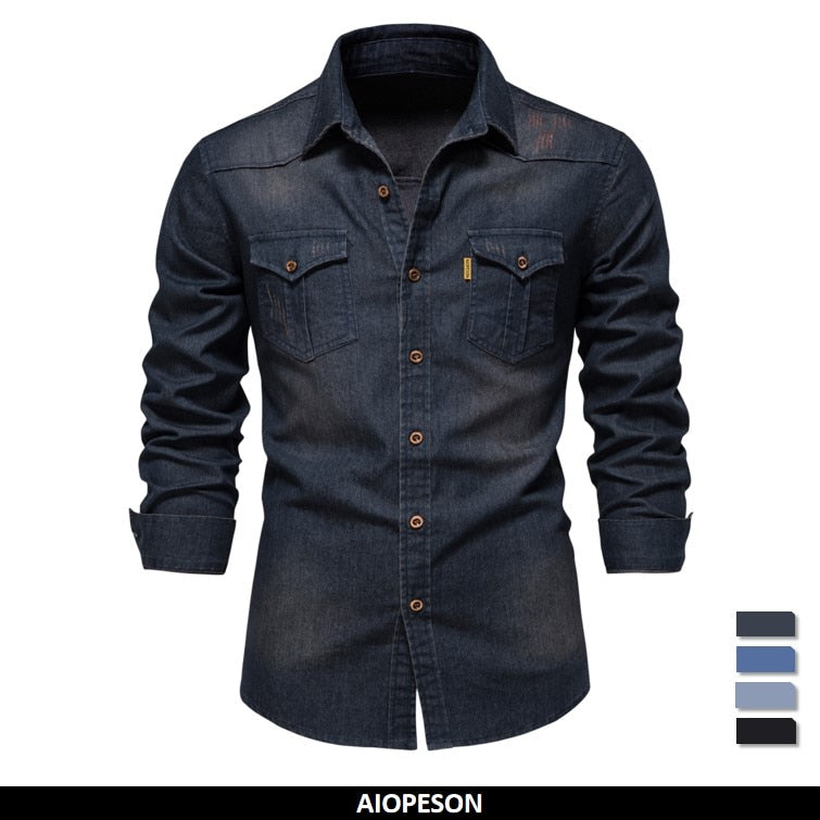 AIOPESON Elastic Cotton Denim Shirt Men Long Sleeve Quality Cowboy Shirts for Men Casual Slim Fit Jeans Men Shirts