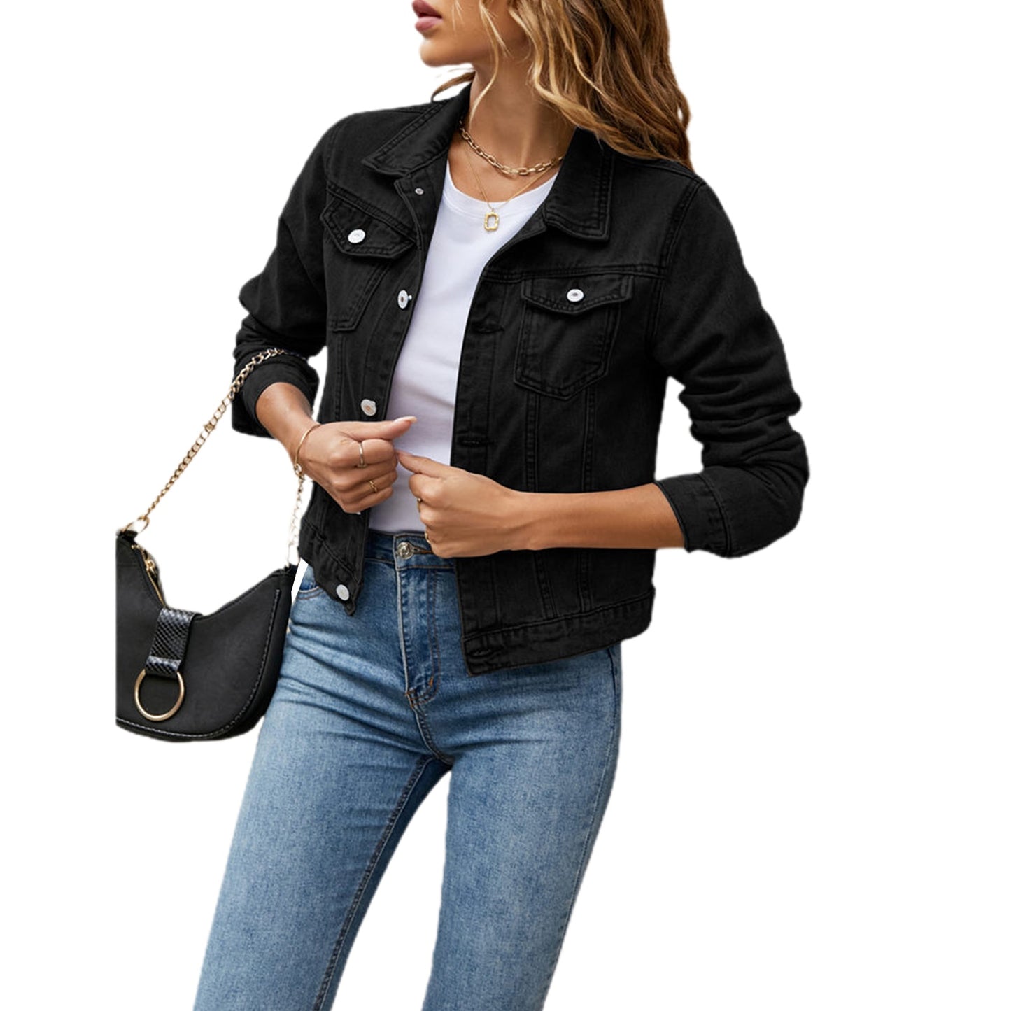 Women's Denim Jackets Fashion Female Casual Long Sleeve Lapel Solid Button Down Chest Pocket Slim Jean Jacket Fall Winter Coat